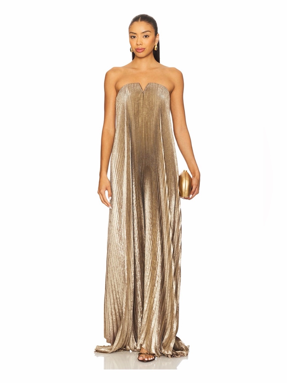 Black tie gown in gold shimmer pleated.